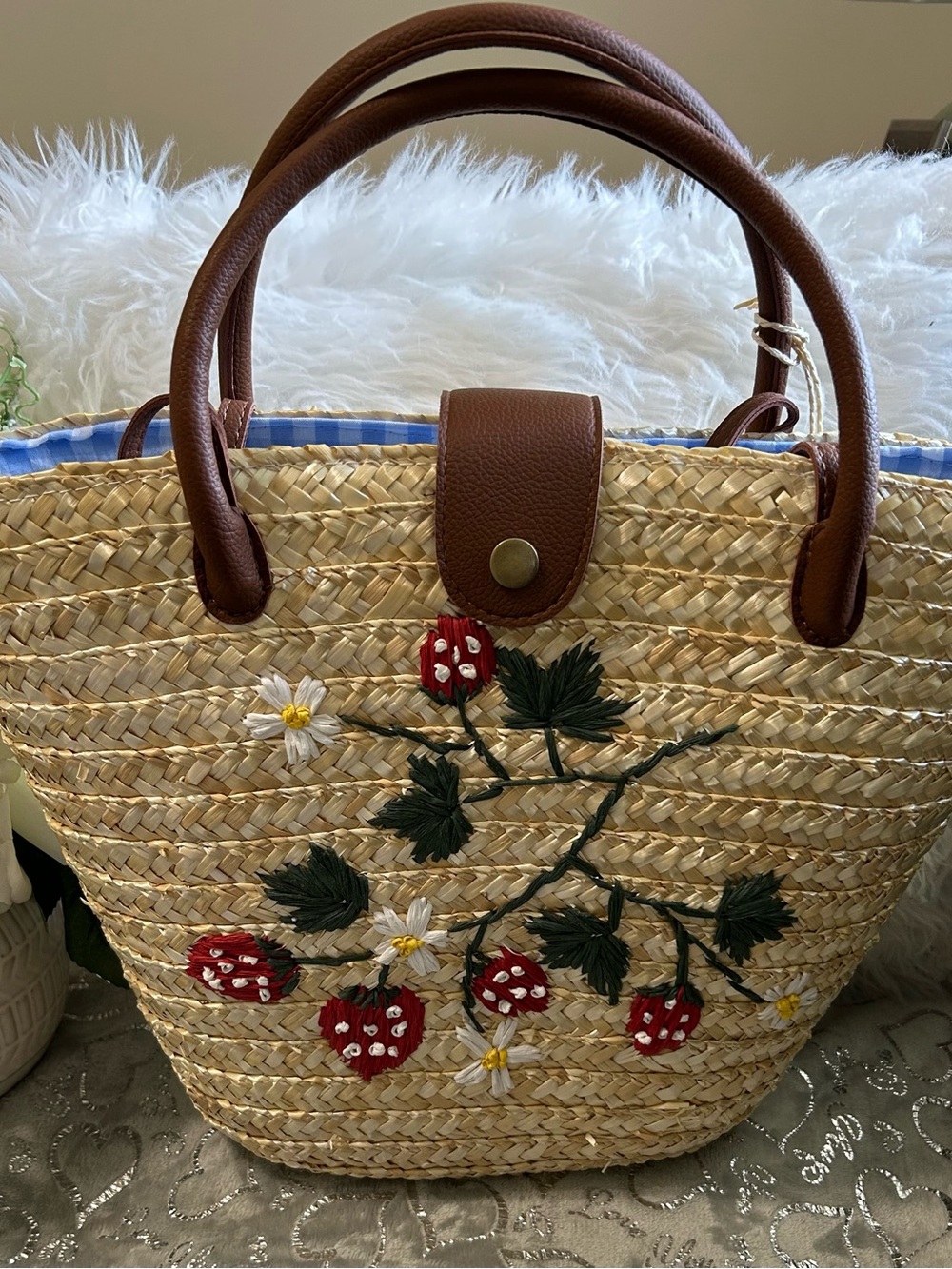 NWT HANDCRAFTEDWoven Straw Tote with Brown Handles and Red Strawberry Embroidery